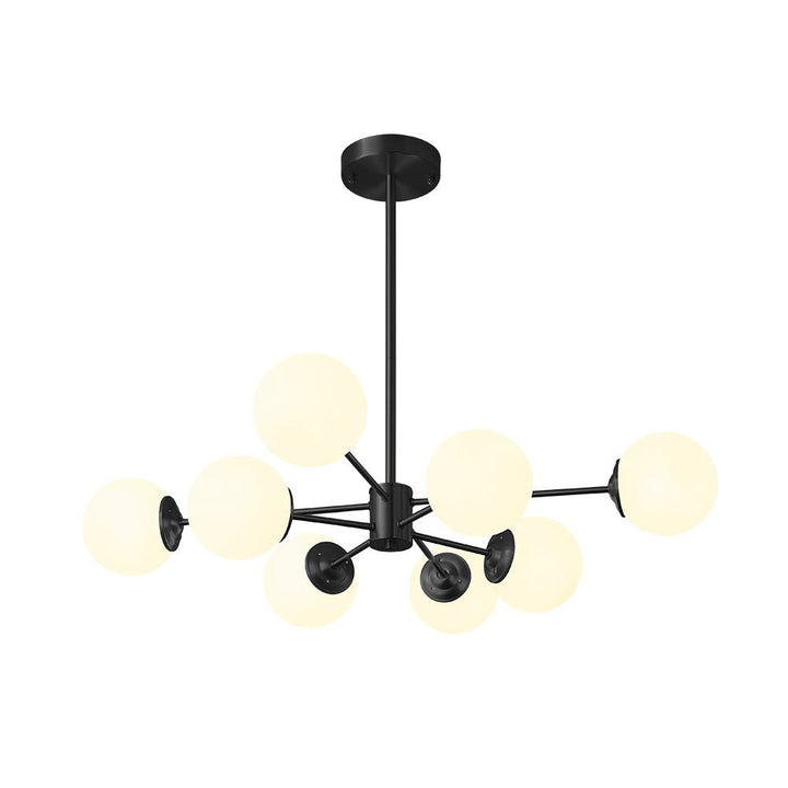Lampa sufitowa mid-century. Żyrandol Sputnik z kulkami opalowymi, mosiężna konstrukcja.
