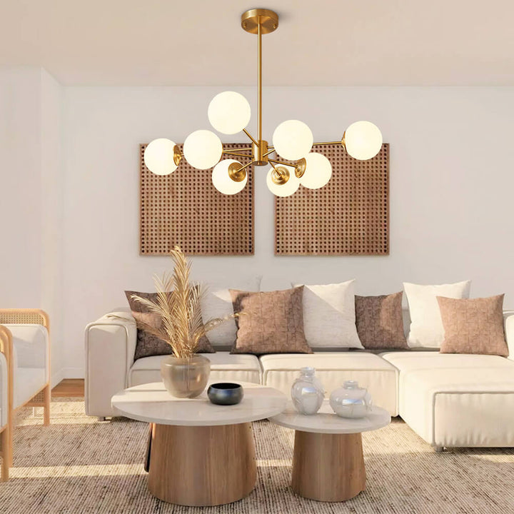 Lampa wisząca Sputnik, szklane kule opalowe. Nowoczesny design do jadalni i salonu.