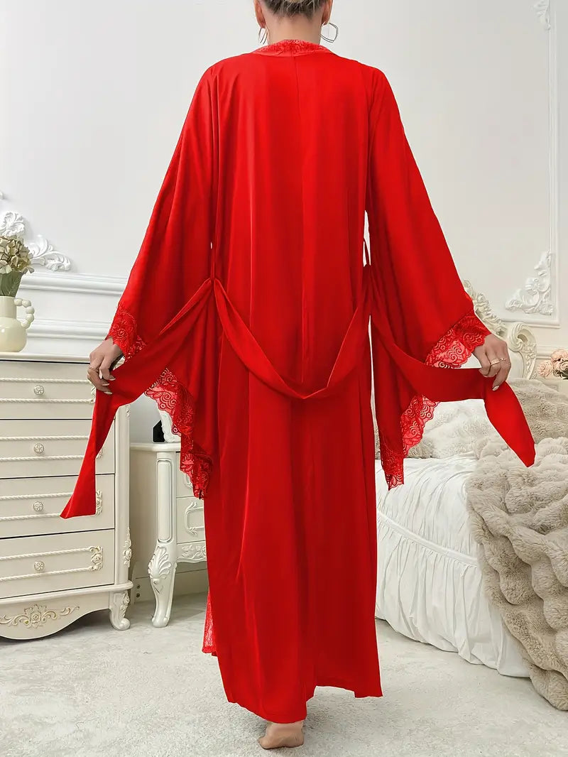 Piżama kimono damska, długa, koronkowa, z paskiem, idealna jako bielizna nocna do snu.