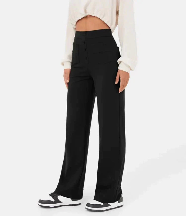 Wysokiej jakości spodnie damskie z wysokim stanem. Eleganckie, modne i wygodne, pasujące do biura.