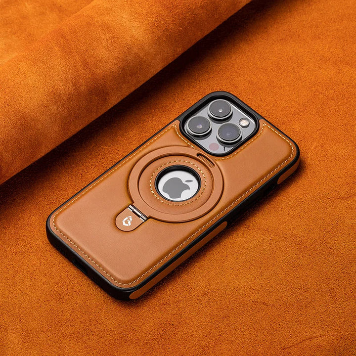 Eleganckie etui iPhone ze skóry PU z MagSafe i wbudowaną podstawką. Idealna ochrona i styl.