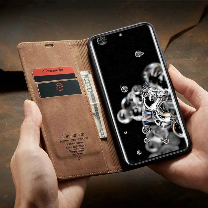 Stylowe etui z klapką ze skóry PU do Samsung Galaxy. Pokrowiec portfel z miejscem na karty.