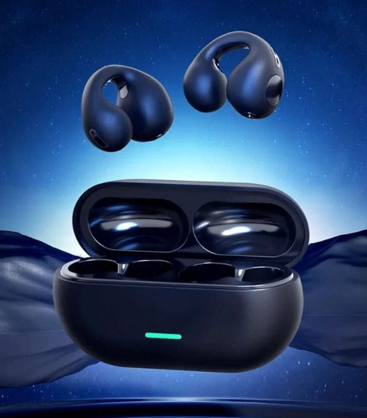 Eleganckie czarne słuchawki bezprzewodowe Ear Clip, stylowe akcesorium audio z pewnym dousznym mocowaniem.