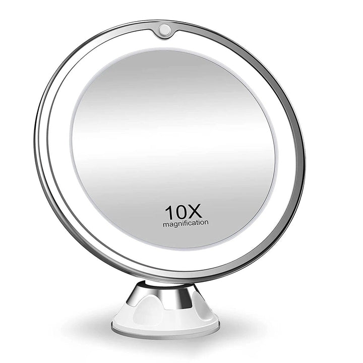 Eleganckie lustro kosmetyczne LED z 10x powiększeniem i obrotem 360 stopni, idealne do precyzyjnego makijażu.