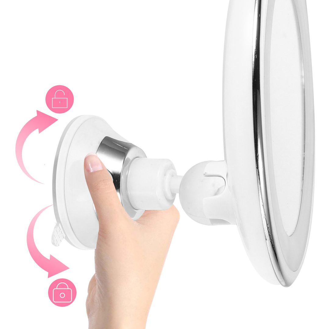 Praktyczne lustro powiększające LED 10x, obrotowe 360°, idealne do tworzenia perfekcyjnego makijażu w domowym zaciszu.