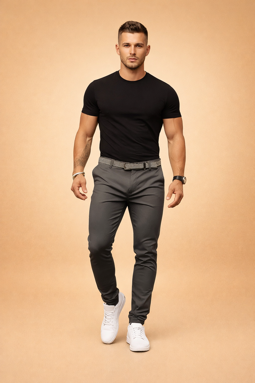 Eleganckie męskie spodnie slim fit w kolorze ciemnoszarym. Dopasowany krój, idealne do stylizacji smart-casual.