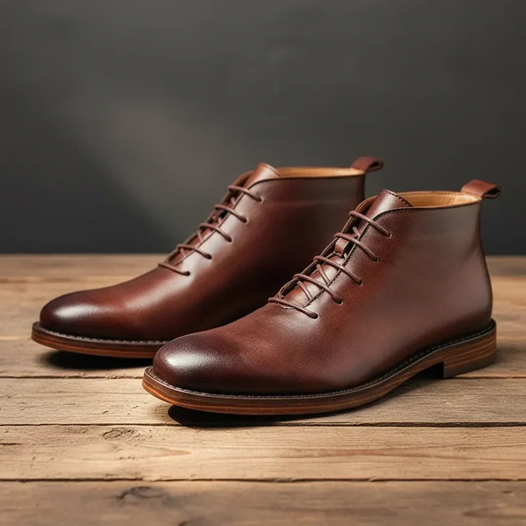 Brązowe męskie buty sznurowane z wysoką cholewką, wykonane z eleganckiej skóry naturalnej.