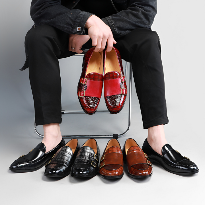 Męskie mokasyny Rafael, eleganckie buty całoroczne z podwójną klamrą. Wygodne obuwie wsuwane na co dzień.