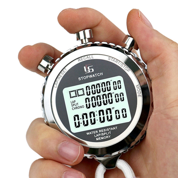 Elektroniczny stoper sportowy z wyświetlaczem HD i ergonomicznym chwytem, idealny do treningu i pomiaru czasu.