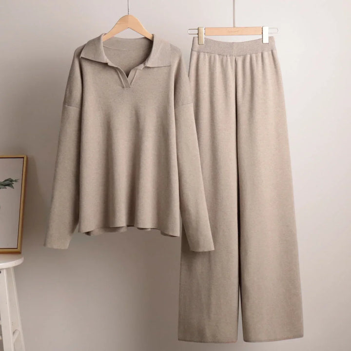Elegancki sweter polo z długim rękawem z dzianinowego kompletu damskiego
