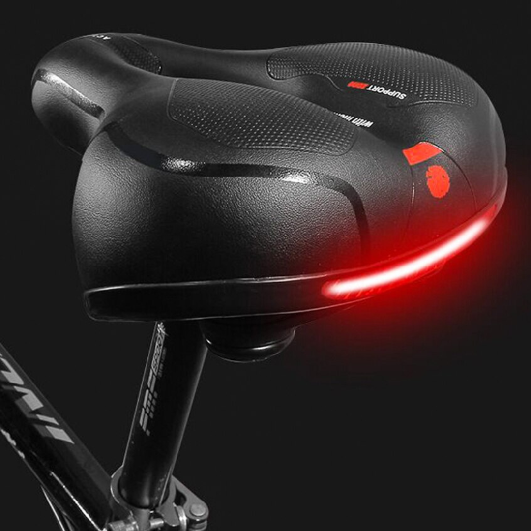 Czarne ergonomiczne siodełko rowerowe RideEase z widocznym odblaskiem tylnym