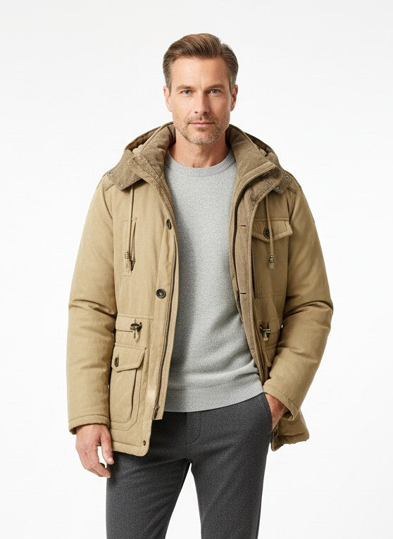 Mężczyzna w eleganckiej ocieplanej kurtce w kolorze khaki