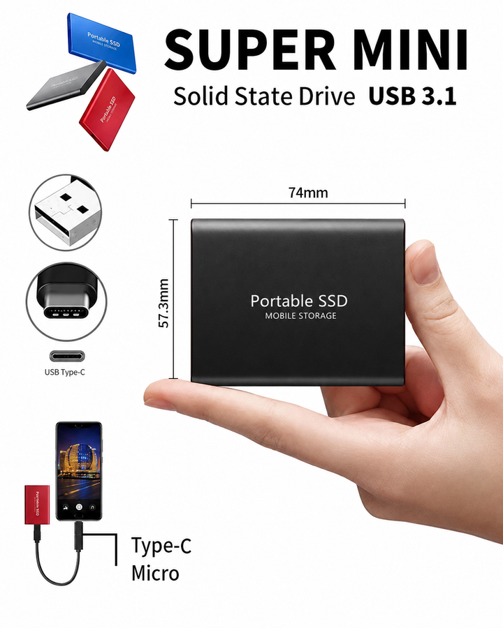 Kompaktowy dysk SSD trzymany w dłoni z zaznaczonymi wymiarami 74 mm na 57,3 mm oraz portami