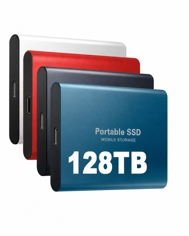 Przenośne dyski SSD 128 TB ustawione w rzędzie w różnych wariantach kolorystycznych