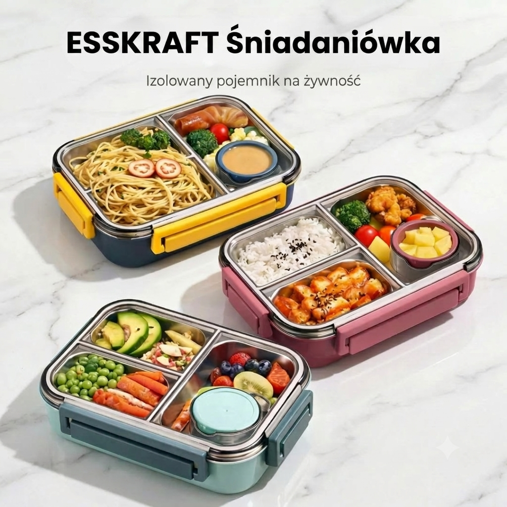 Trzy kolorowe lunchboxy z różnymi zestawami dań i sałatek na marmurowym blacie