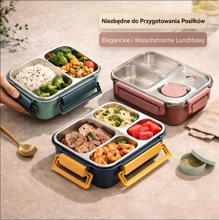Zbliżenie na lunchboxy z przegródkami prezentujące przygotowane posiłki i dodatki