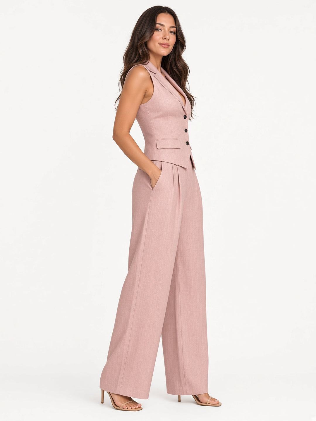 Modna odzież damska smart casual, elegancki garnitur bez rękawów