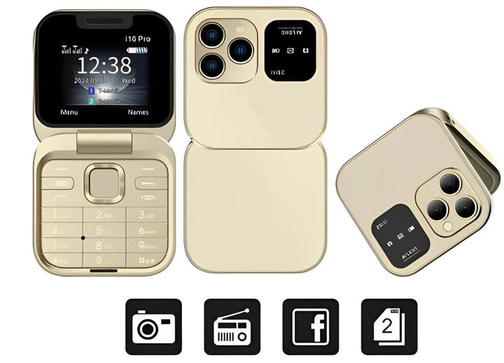Złoty składany telefon z klapką Dual SIM z widocznym aparatem