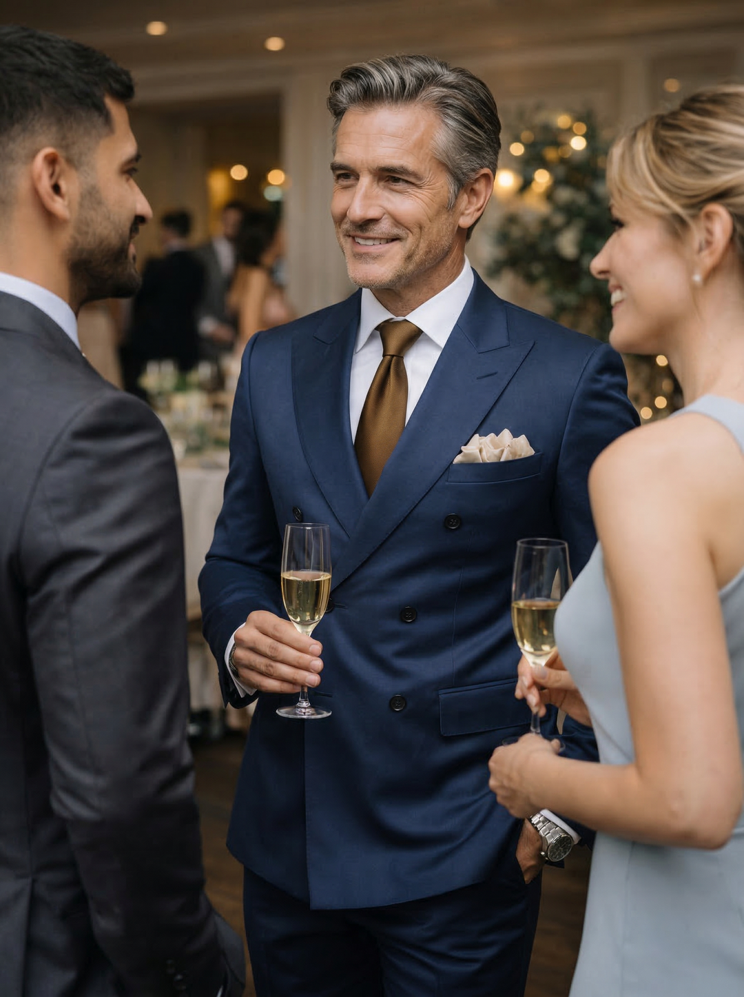 Męski elegancki garnitur dwurzędowy w ujęciu z boku, odzież formalna