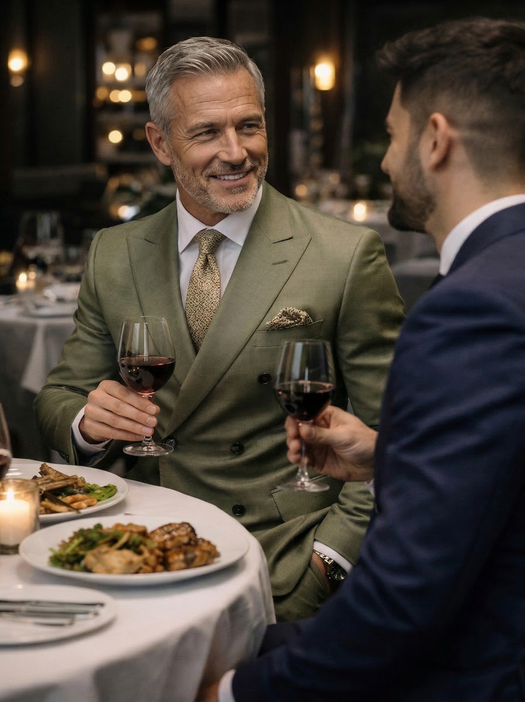 Mężczyzna w oliwkowym garniturze pije wino w restauracji