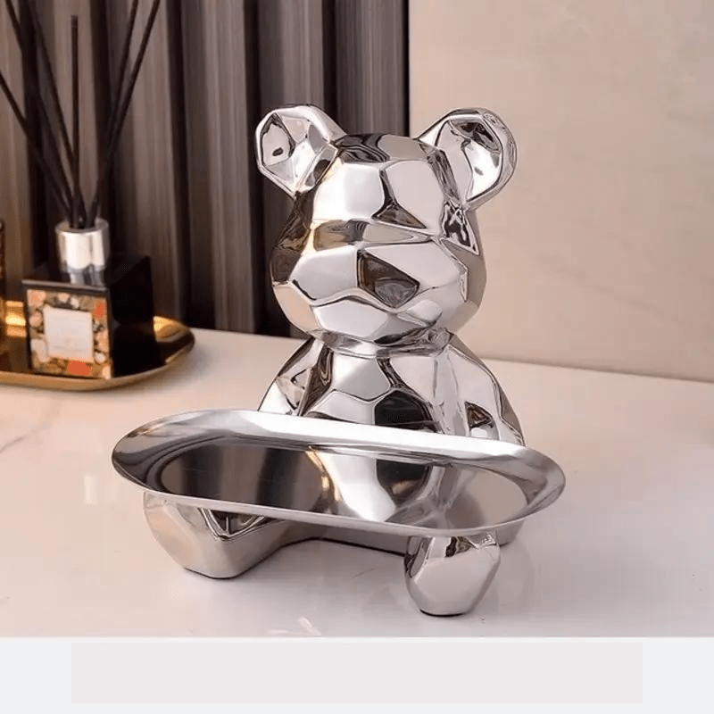 Wysokiej jakości ceramiczna figurka geometrycznego niedźwiedzia. Elegancka dekoracja i stylowy organizer.