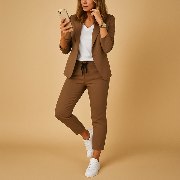 Stylowy komplet damski z marynarką i spodniami, łączący biurową elegancję z wygodą smart casual.