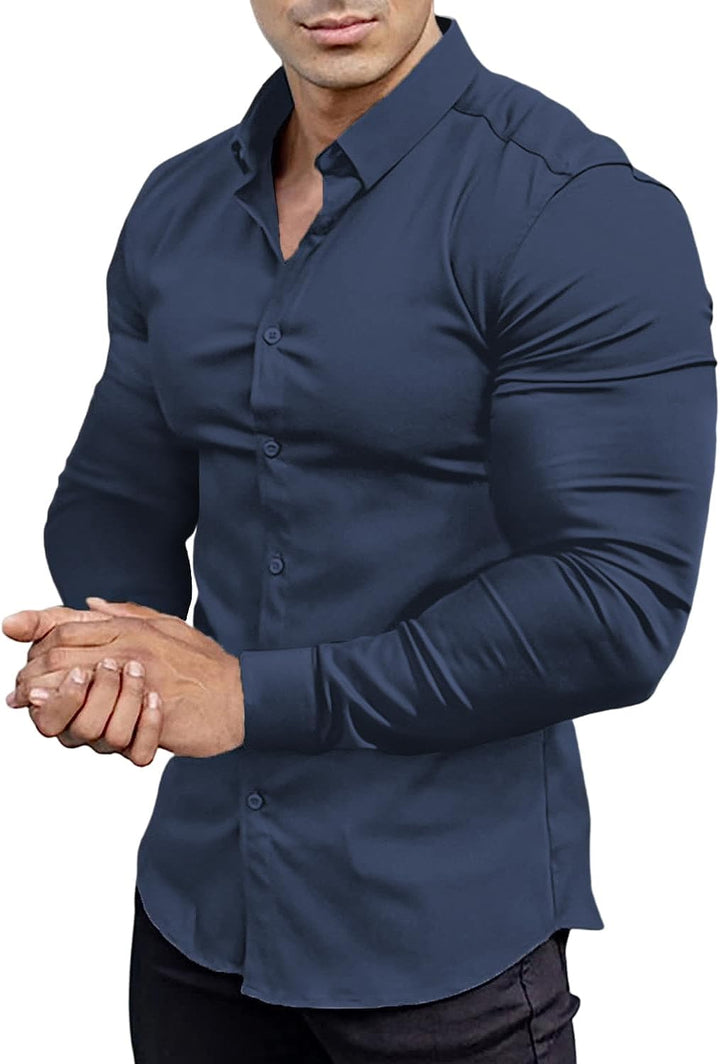 Szczegół szwu i elastycznego materiału męskiej koszuli slim fit