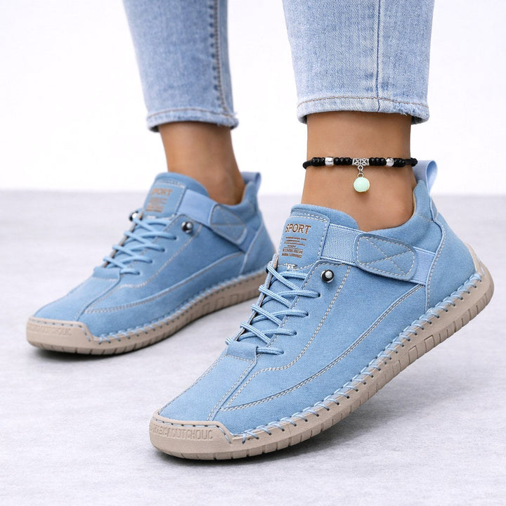Beżowe damskie sneakersy ortopedyczne Maja, widok z boku, wygodne buty na co dzień