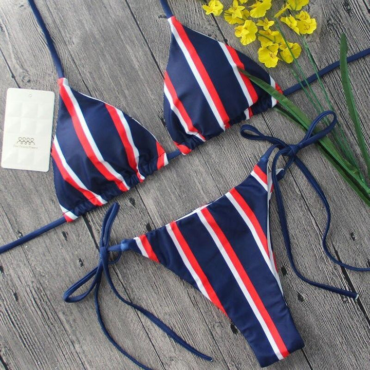 Brazylijskie granatowe bikini damskie, dwuczęściowy strój kąpielowy na lato.
