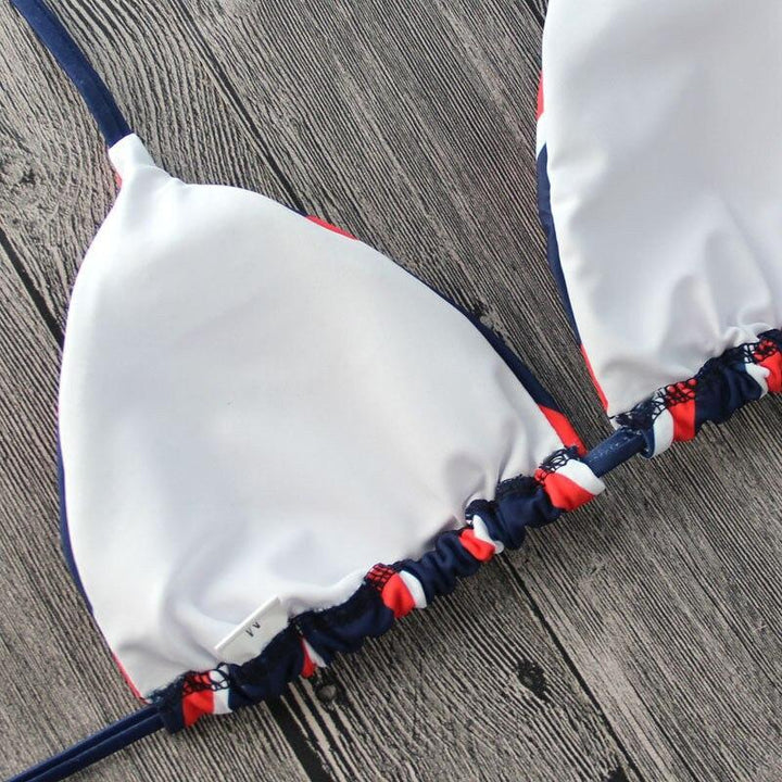 Modne damskie bikini granatowe, wiązany dwuczęściowy kostium kąpielowy na plażę.