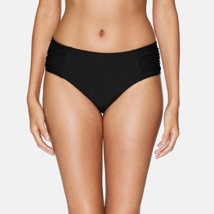 Damskie figi od bikini w kolorze czarnym z modnym marszczeniem. Komfortowe, szybkoschnące, na lato.
