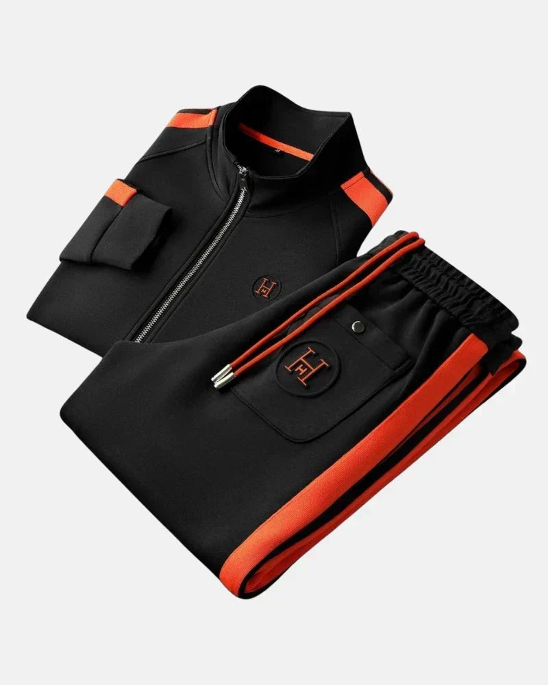Męski komplet dresowy sportowy, granatowa bluza i spodnie, zapewniające komfort i styl.