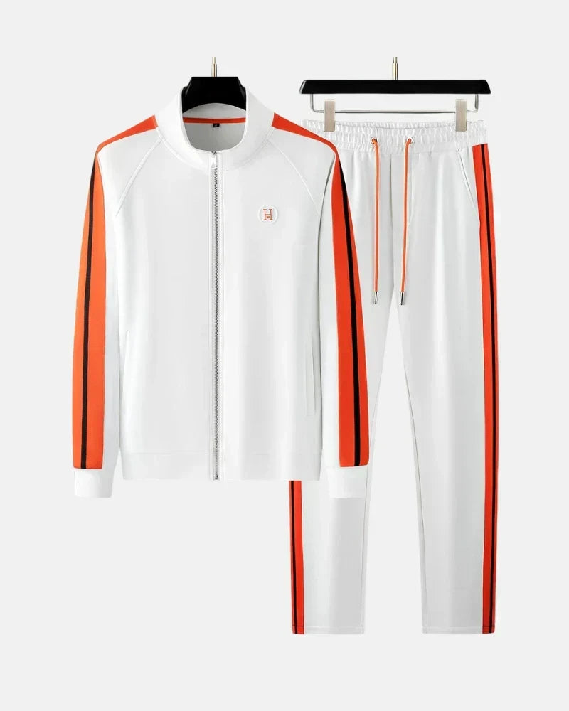 Męski dres casualowy granatowy, kompletny strój sportowy z dbałością o detale.