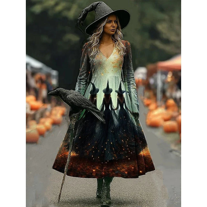 Damska czarna sukienka maxi z długim rękawem na imprezę Halloween w stylu kostiumu czarownicy