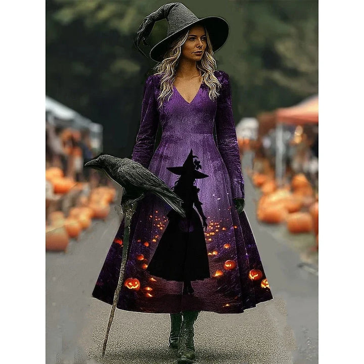 Elegancka sukienka tematyczna maxi dla kobiet idealna na jesienną stylizację i Halloween