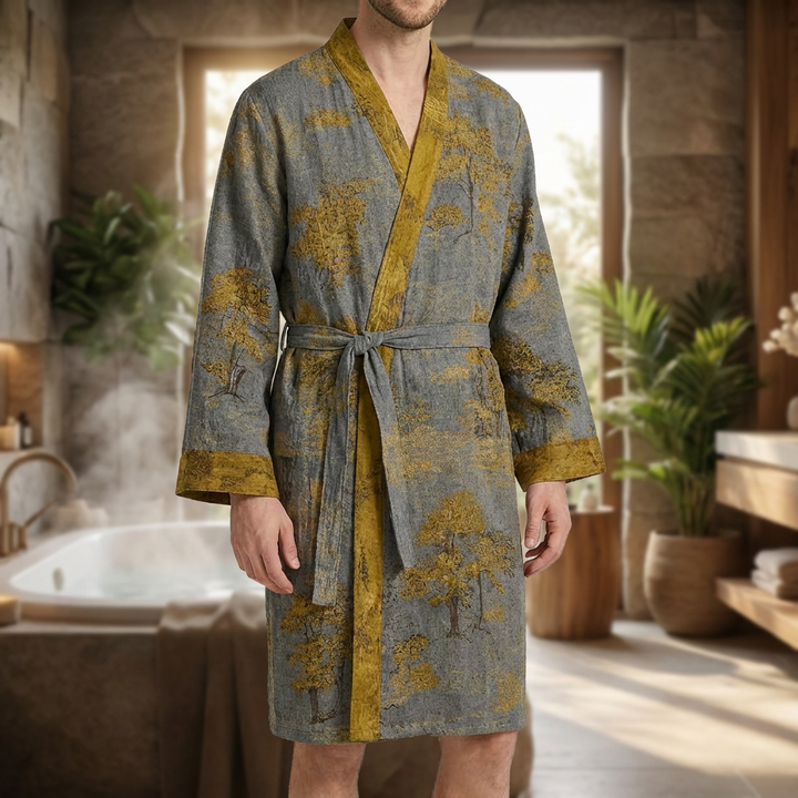 Męski szlafrok kimono prezentowany w domowym wnętrzu z widokiem na łazienkę