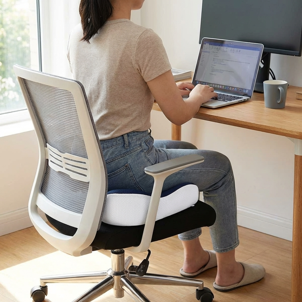 Kobieta pracująca przy biurku siedząc na ergonomicznym siedzisku z pianki pamięciowej