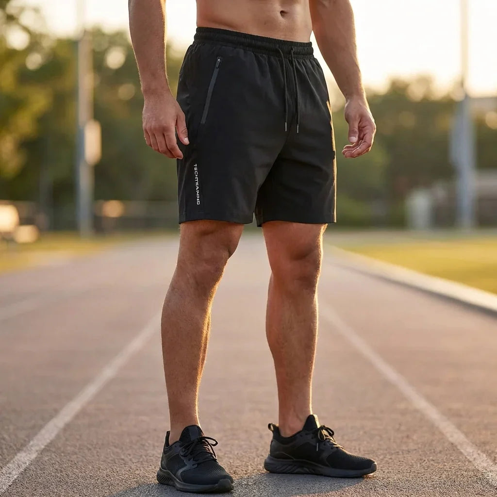 Męskie czarne szybkoschnące szorty sportowe na bieżni