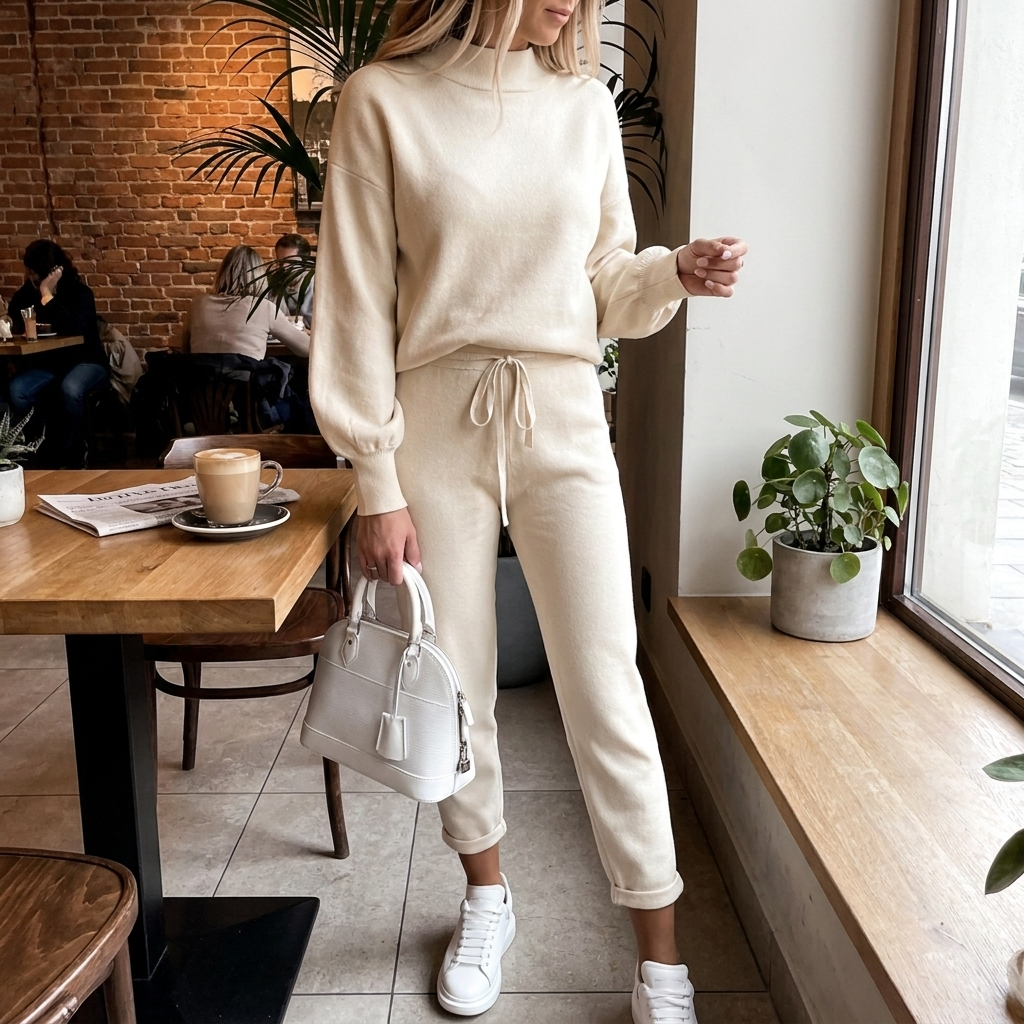 Damski komplet domowy z golfem i spodniami, miękki loungewear