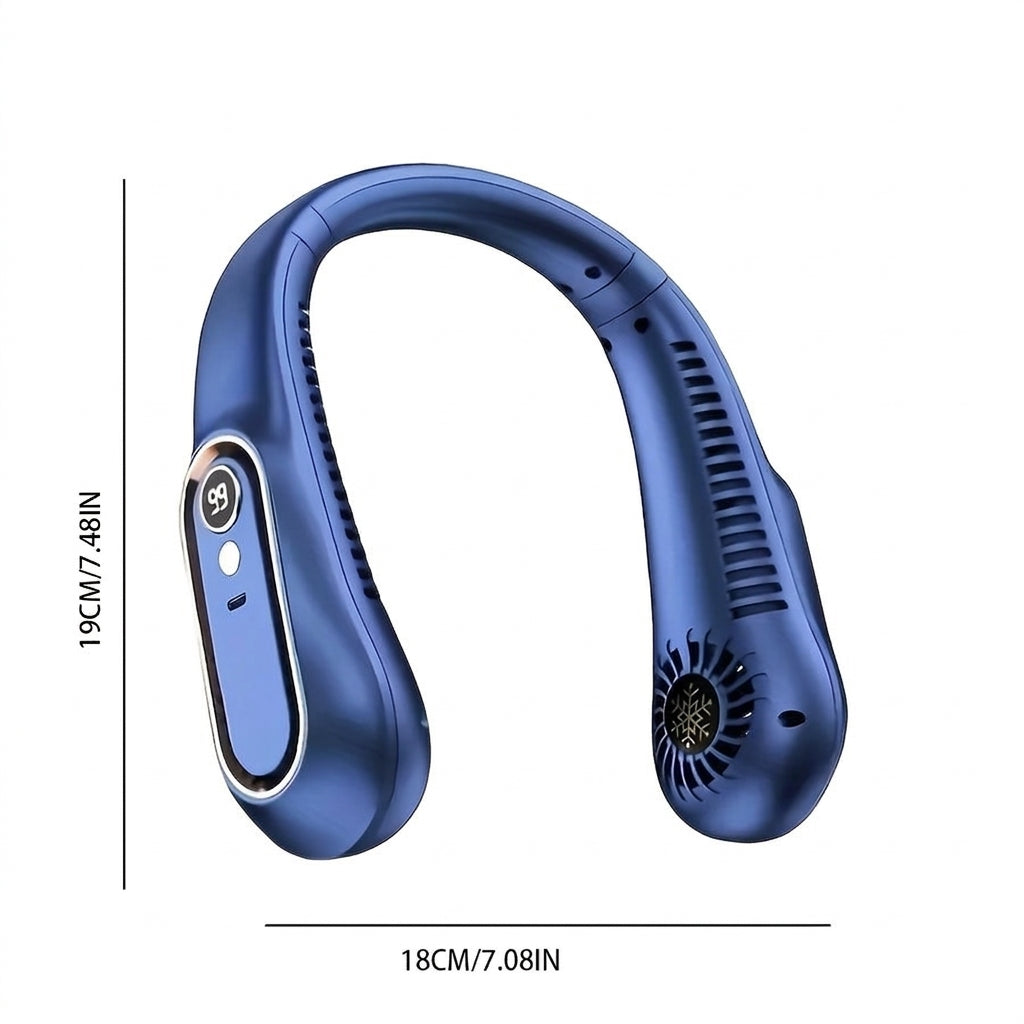 Wymiary niebieskiego wentylatora na szyję wynoszące 18 cm szerokości i 19 cm wysokości