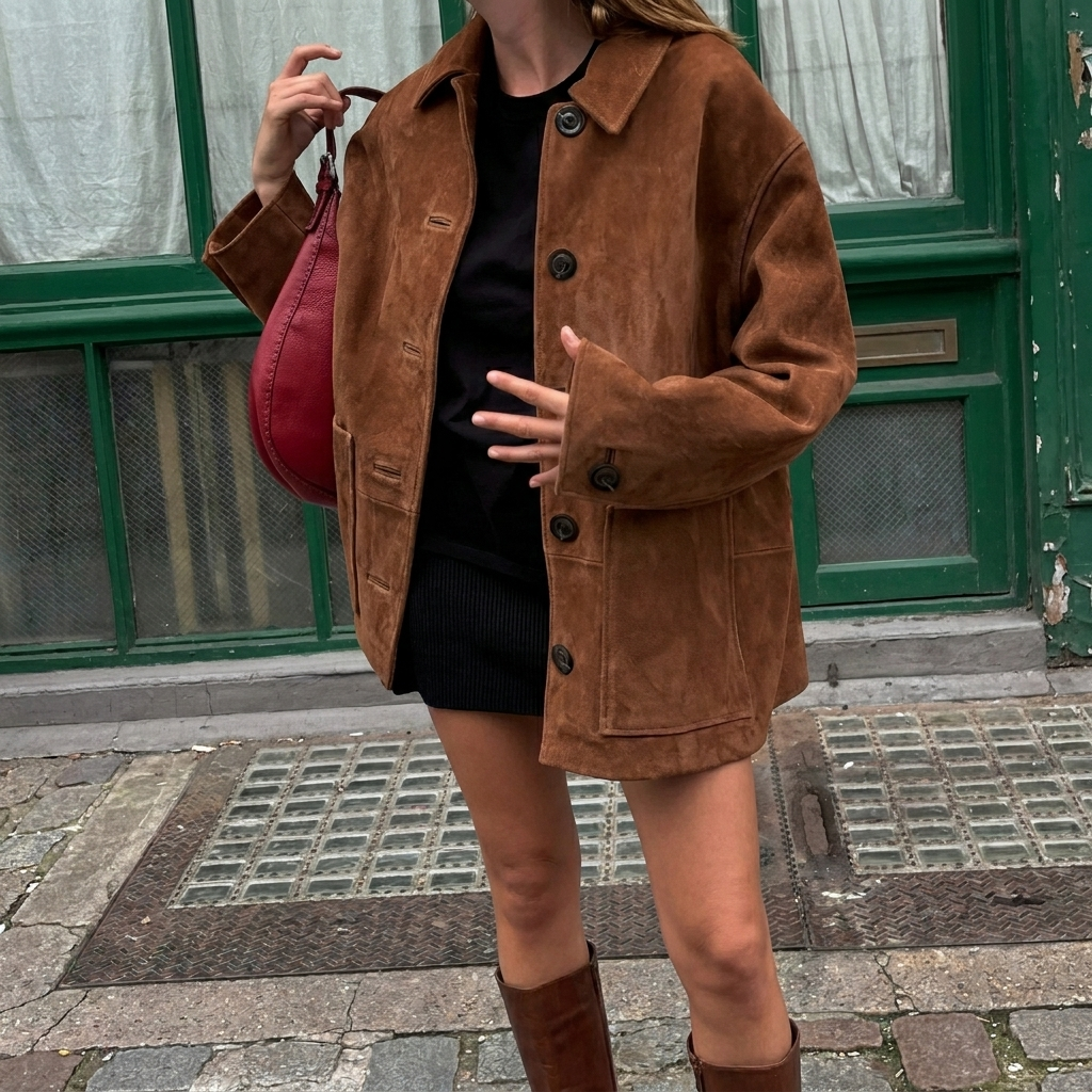 Kobieta w brązowej kurtce oversize z kieszeniami prezentująca stylizację