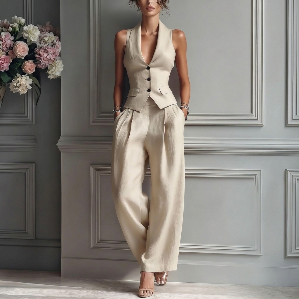 Różowy elegancki komplet z kamizelką i spodniami, odzież damska smart casual