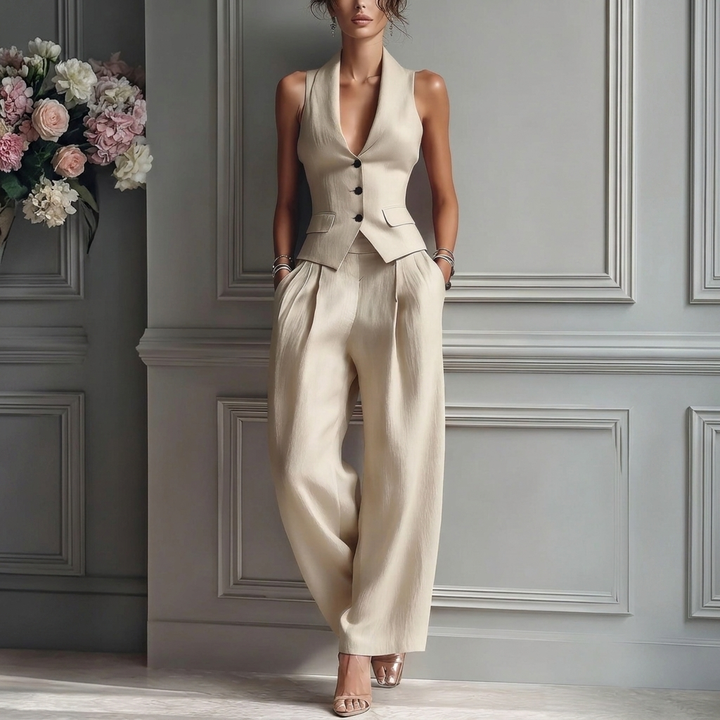 Różowy elegancki komplet z kamizelką i spodniami, odzież damska smart casual