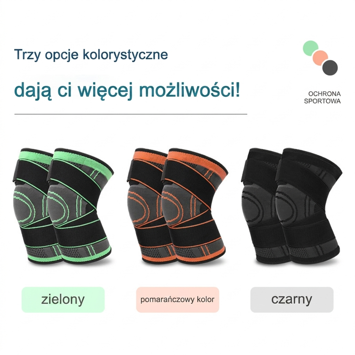 Trzy warianty kolorystyczne elastycznej opaski na kolano: zielony, pomarańczowy i czarny
