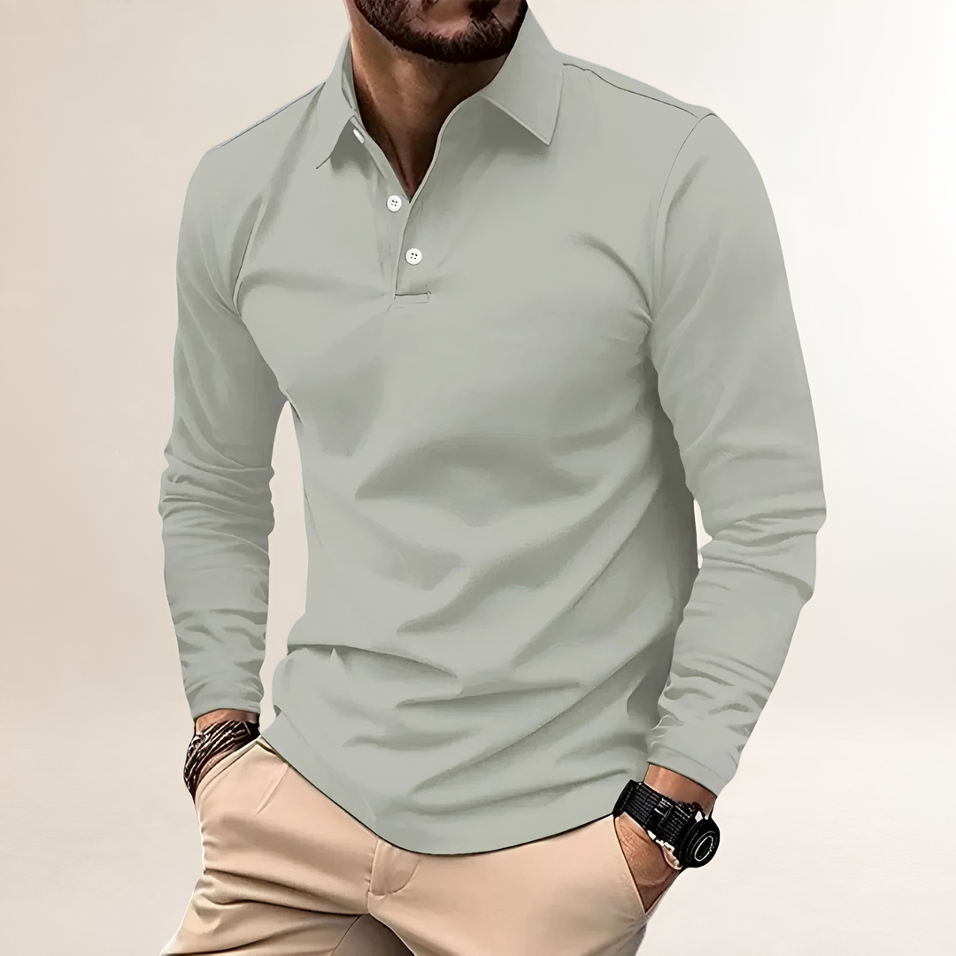 Męskie polo slim fit z długim rękawem, widok z tyłu – odzież męska casual