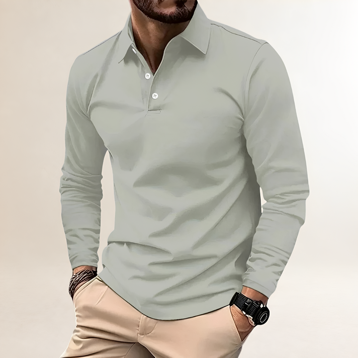 Męskie polo slim fit z długim rękawem, widok z tyłu – odzież męska casual
