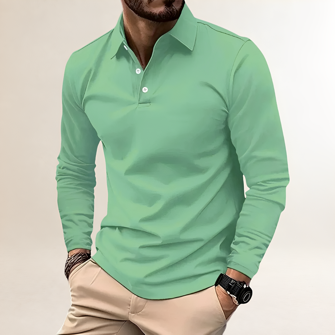 Modne polo męskie slim fit, detal mankietu z długim rękawem w stylu casual