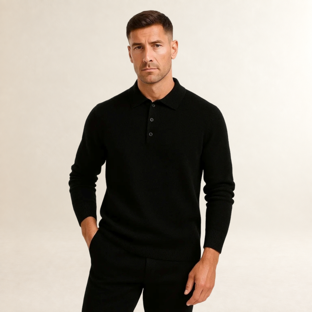 Czarny męski sweter polo z długim rękawem i kołnierzykiem – elegancka odzież męska