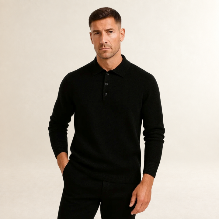 Czarny męski sweter polo z długim rękawem i kołnierzykiem – elegancka odzież męska
