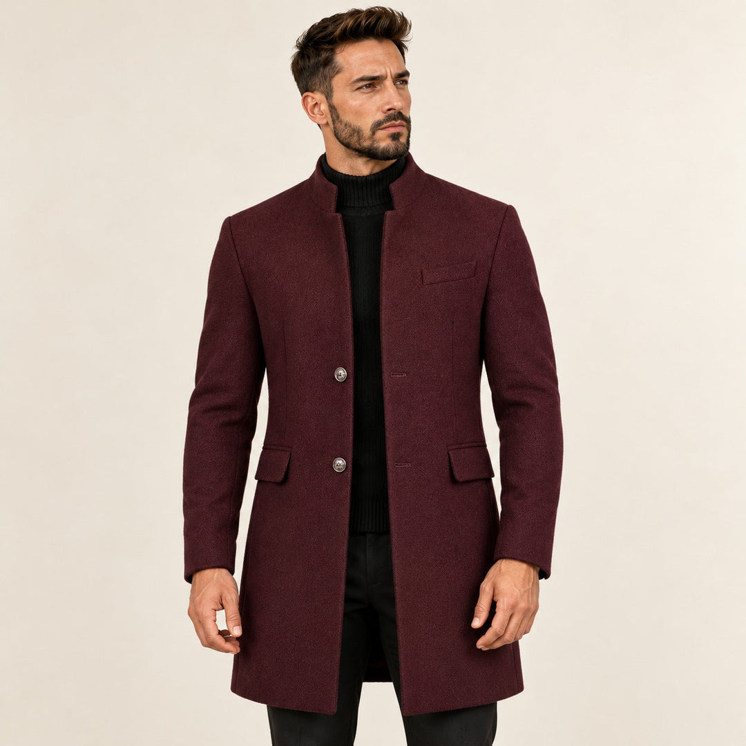 Męski elegancki płaszcz zimowy ze stójką i guzikami, styl casualowy